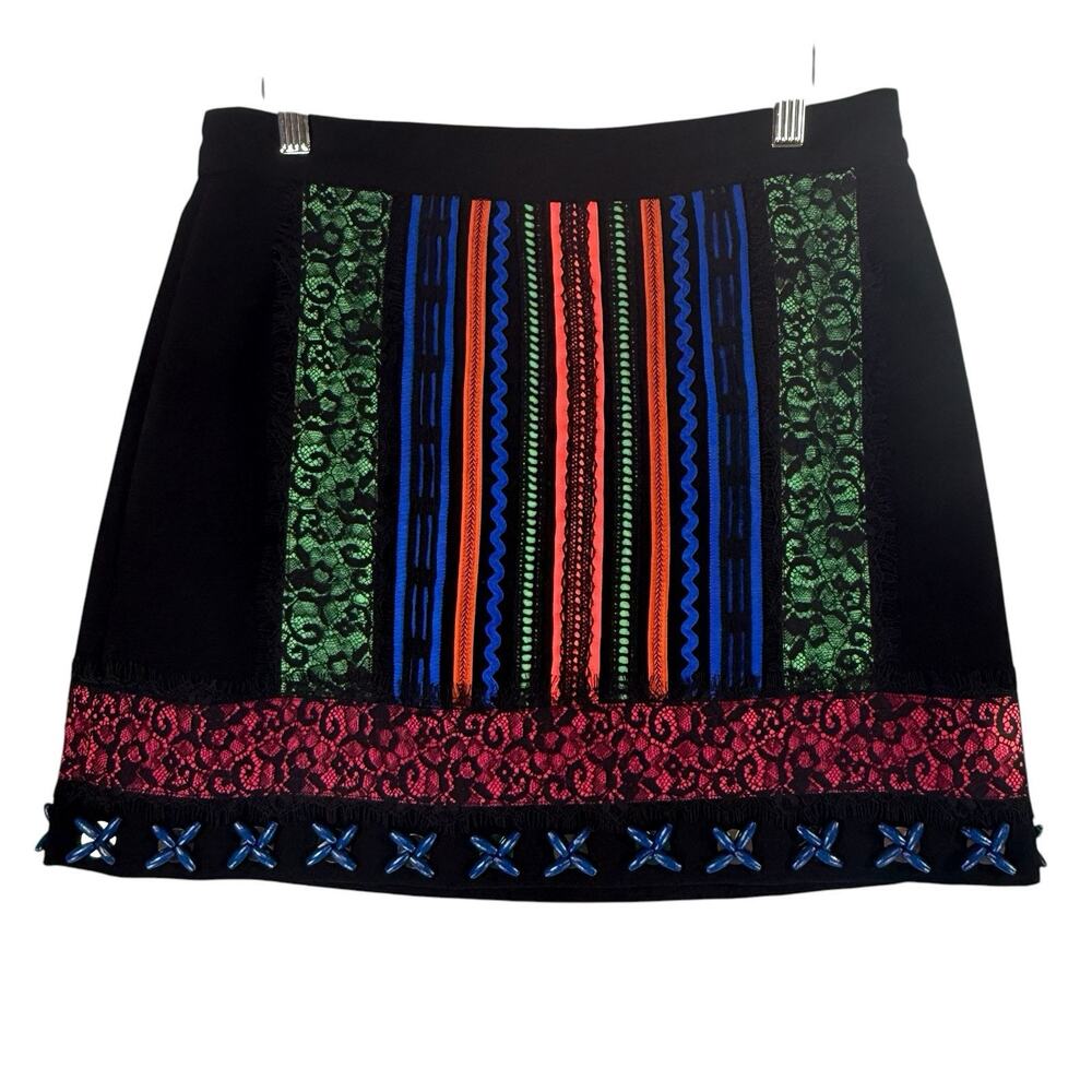 Nanette Lepore Short Skirt SIZE 6 Womens Black Lacy Beaded Neon Ribbon Lined